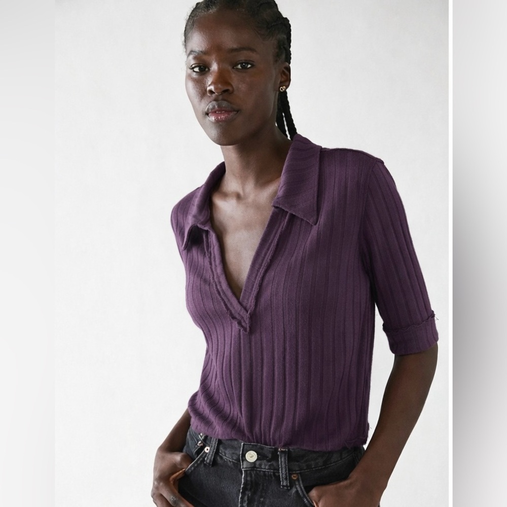 We The Free Purple Ribbed Polo Top
